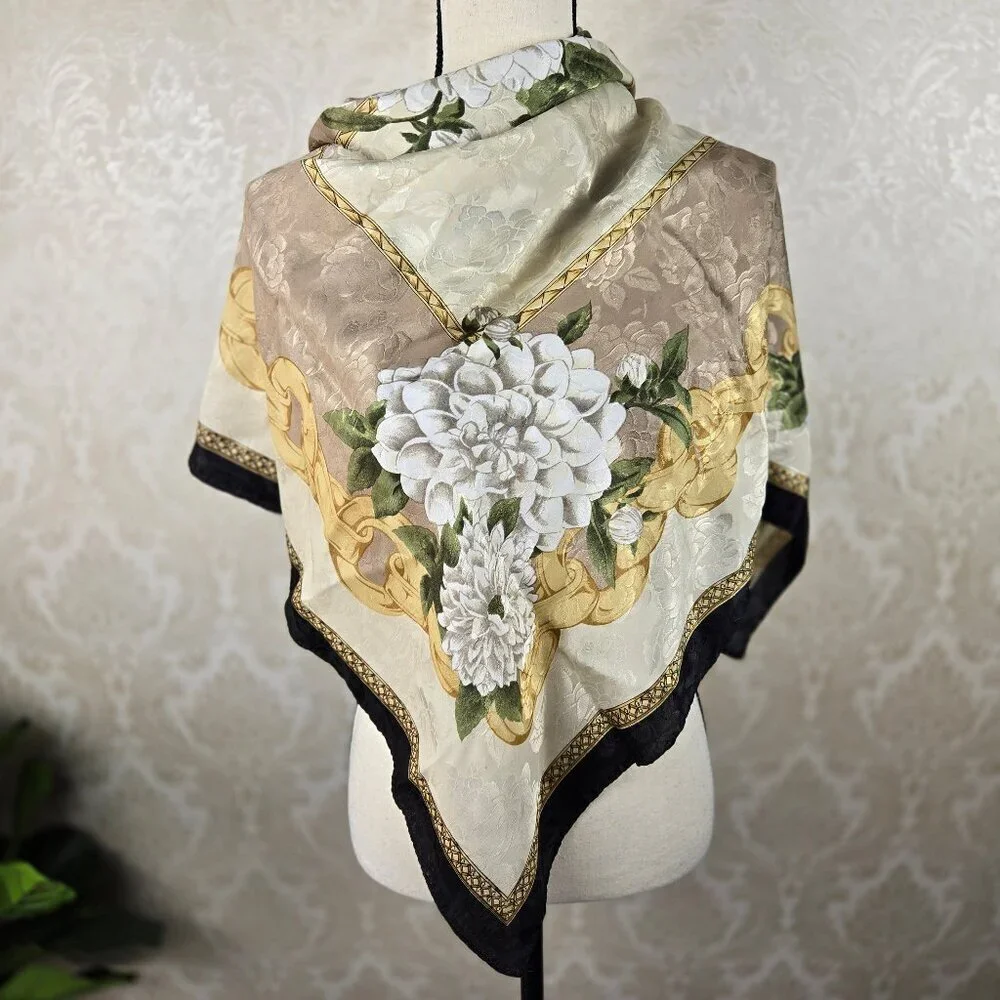 Square Floral Scarf in Cream Tan Green White with Black Border Neutral